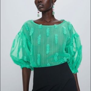 Zara Sheer Green Puff Sleeve Blouse